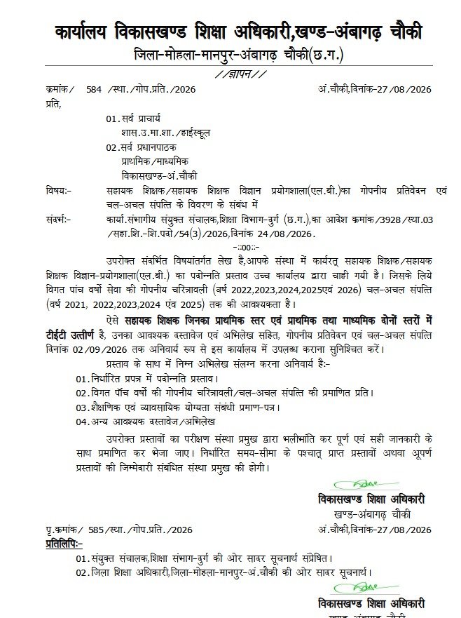 अंबागढ़ चौकी बीईओ कार्यालय ने मांगा पदोन्नति प्रस्ताव