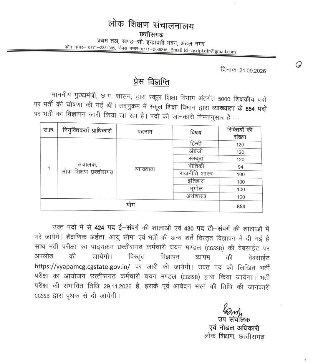 854 पदों पर शिक्षक व्याख्याता की होगी भर्तियां