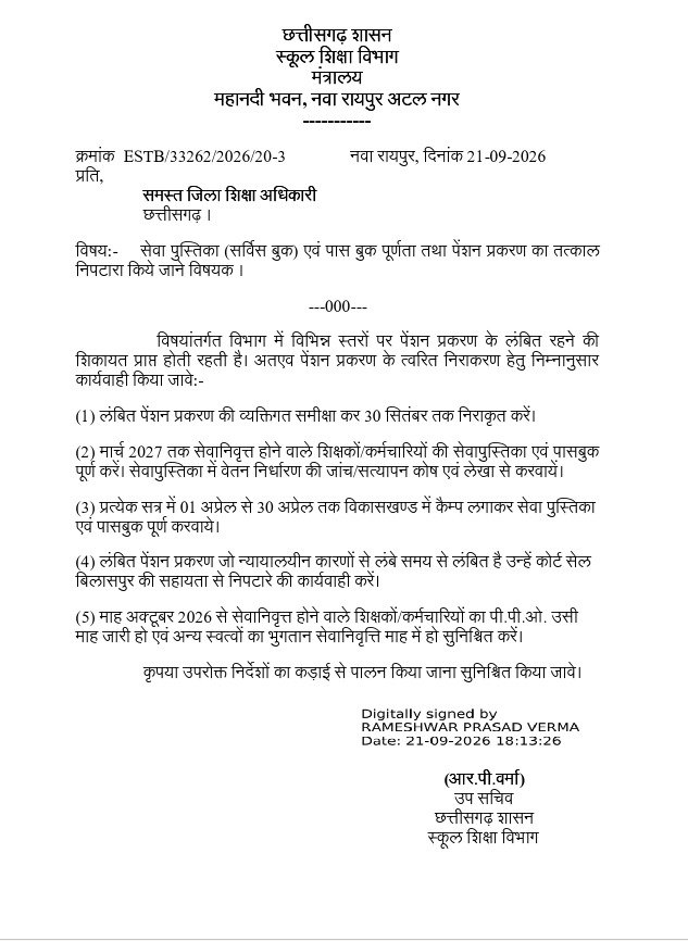 पेंशन प्रकरण को लेकर शिक्षा विभाग ने जारी किया आदेश