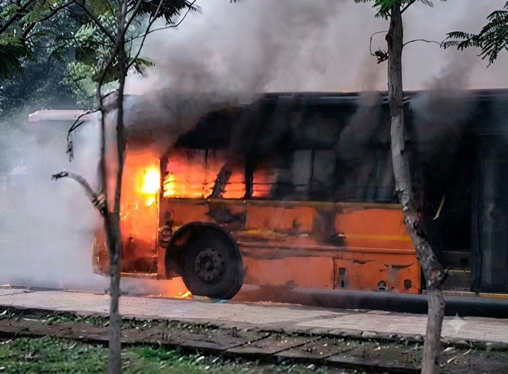 मंत्रालय स्टाफ बस में लगी आग, ड्यूटी खत्म कर कर्मचारियों को लेकर जा रही थी गाड़ी