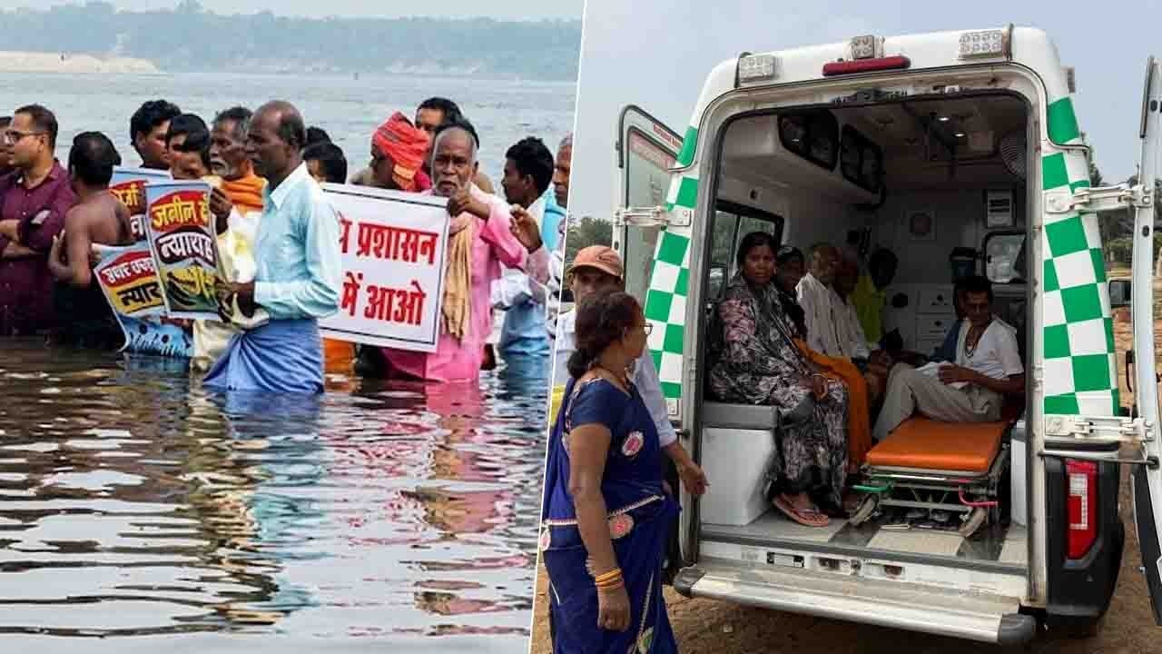 धमतरी के गंगरेल बांध में भूमि आवंटन की मांग को लेकर जल सत्याग्रह करते डूब प्रभावित आंदोलनकारी