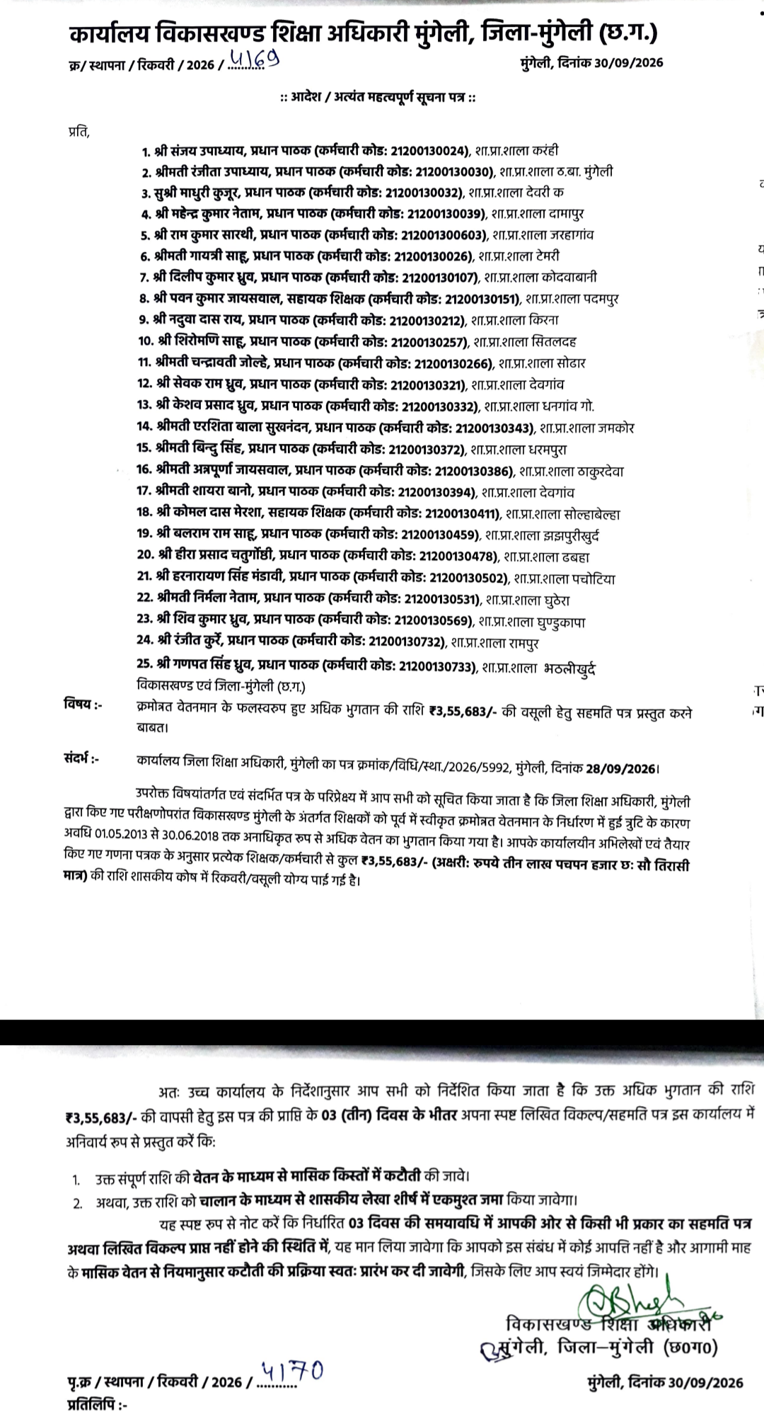 मुंगेली में शिक्षकों से रिकवरी का आदेश जारी किया गया है।